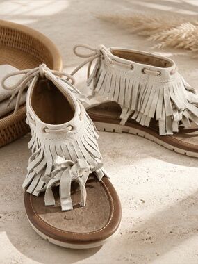 Caterpillar Tan and Brown Fringe Sandals